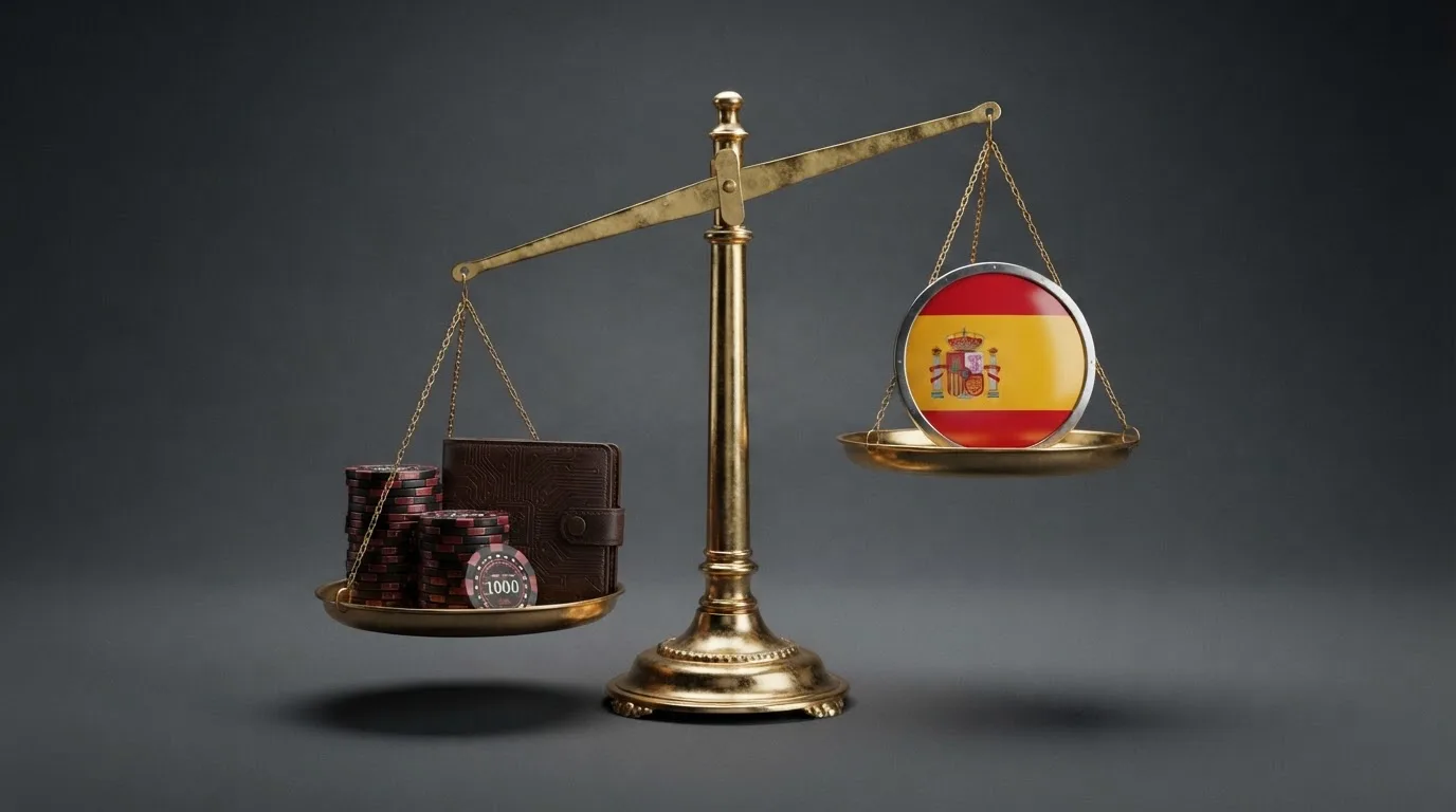 Una balanza conceptual con un monedero de criptomonedas en un platillo y un escudo con la bandera de España en el otro, inclinada hacia el lado del monedero