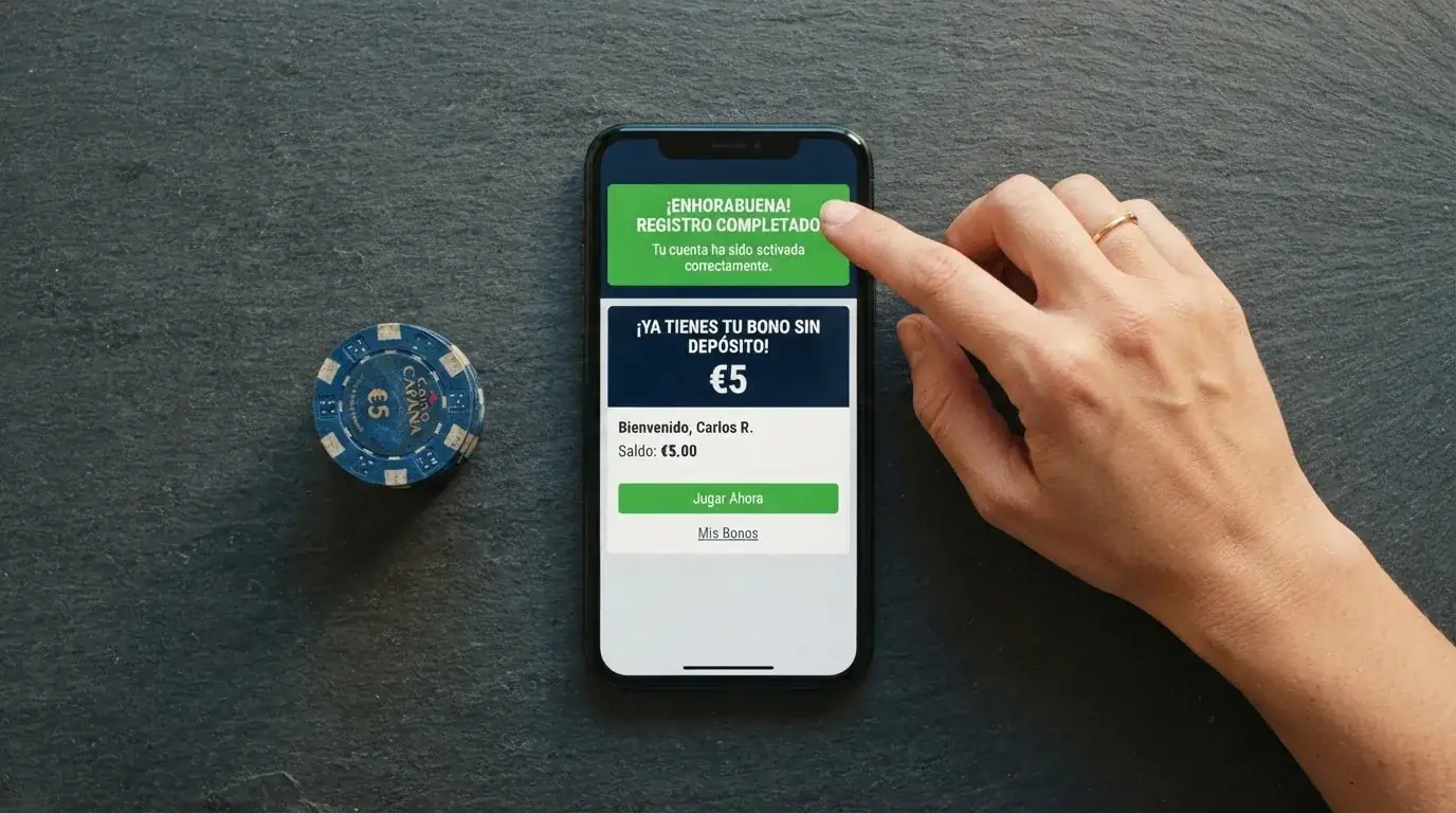 Mano sosteniendo un móvil con la pantalla de registro completado y el bono sin depósito acreditado