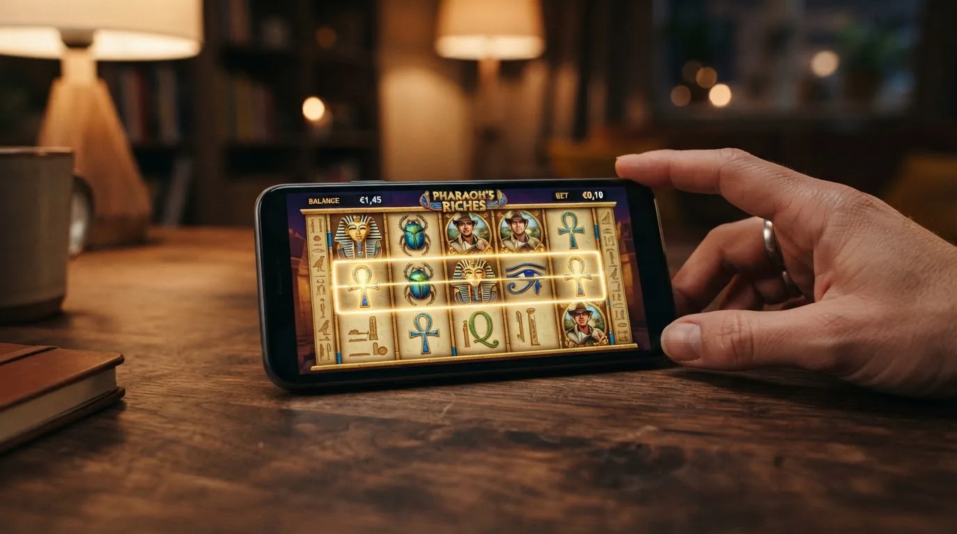 Pantalla del juego de tragaperras Book of Dead con sus rodillos, símbolos egipcios y la interfaz de apuesta visible