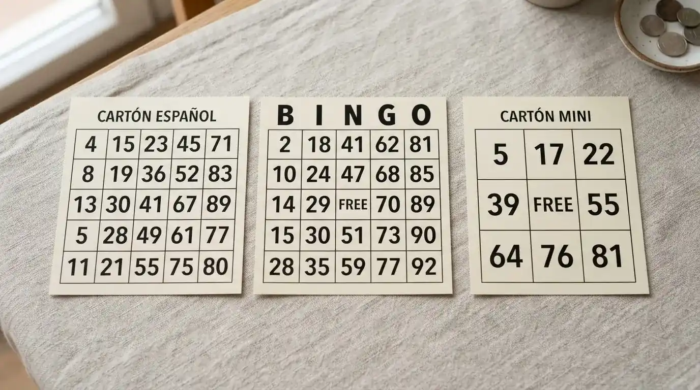 Comparativa visual de tres cartones de bingo online: 90 bolas (3 filas por 9 columnas), 75 bolas (5 por 5 con letras B-I-N-G-O) y 30 bolas (3 por 3)