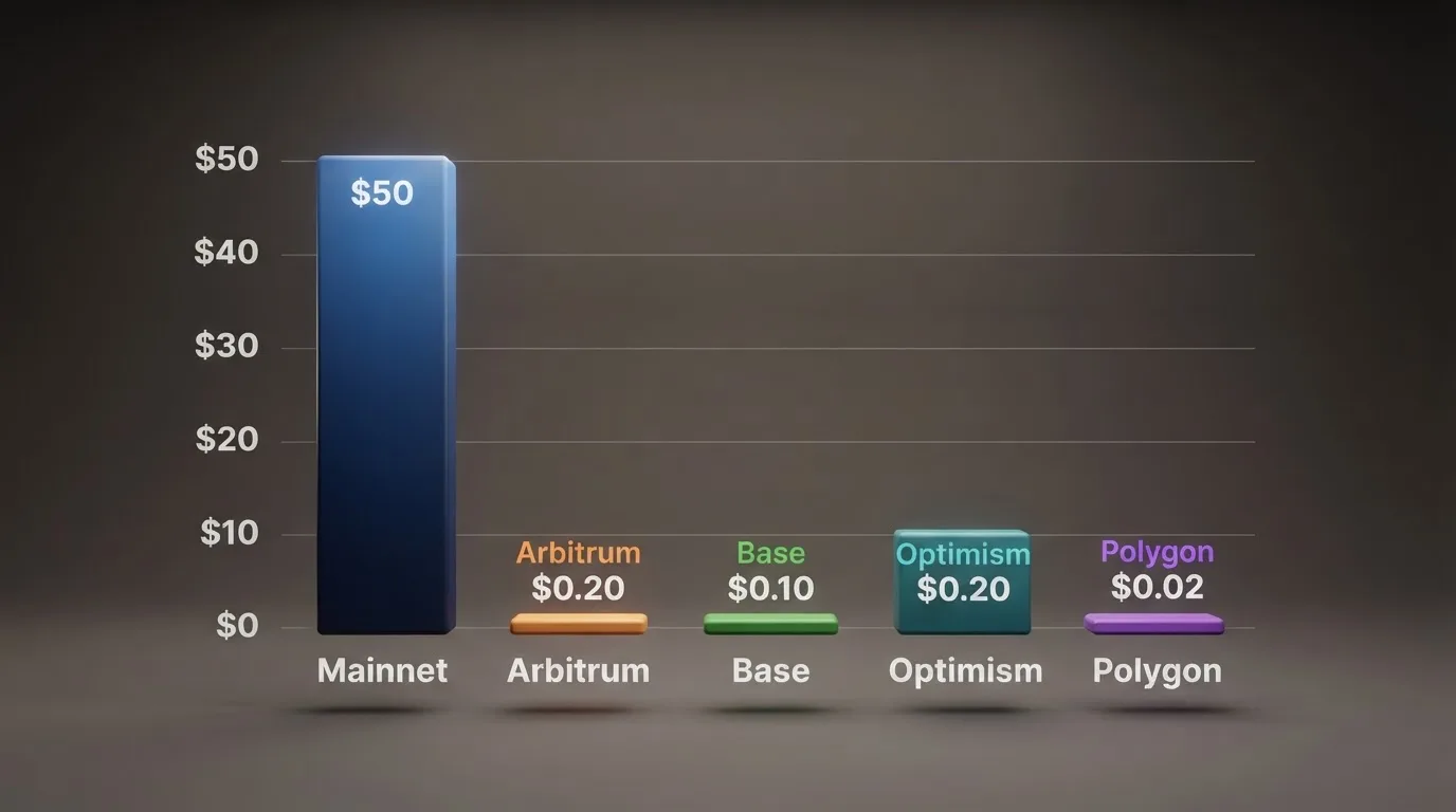 Comparativa visual de costes entre la red principal de Ethereum y cuatro capas 2: Arbitrum, Base, Optimism y Polygon