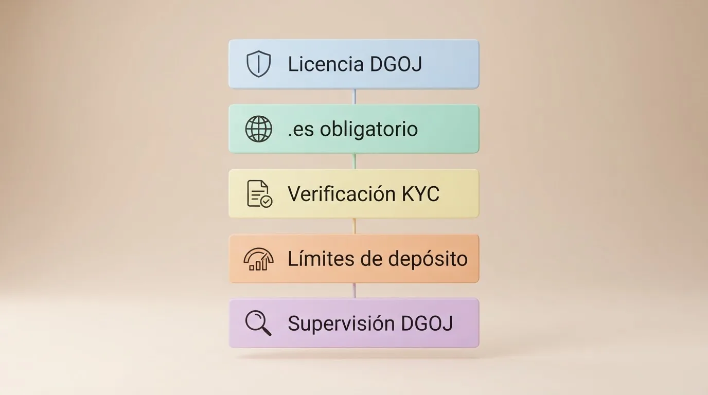 Diagrama de las capas de protección del mercado regulado español: licencia DGOJ, dominio .es obligatorio, verificación KYC, límites de depósito y supervisión de la DGOJ