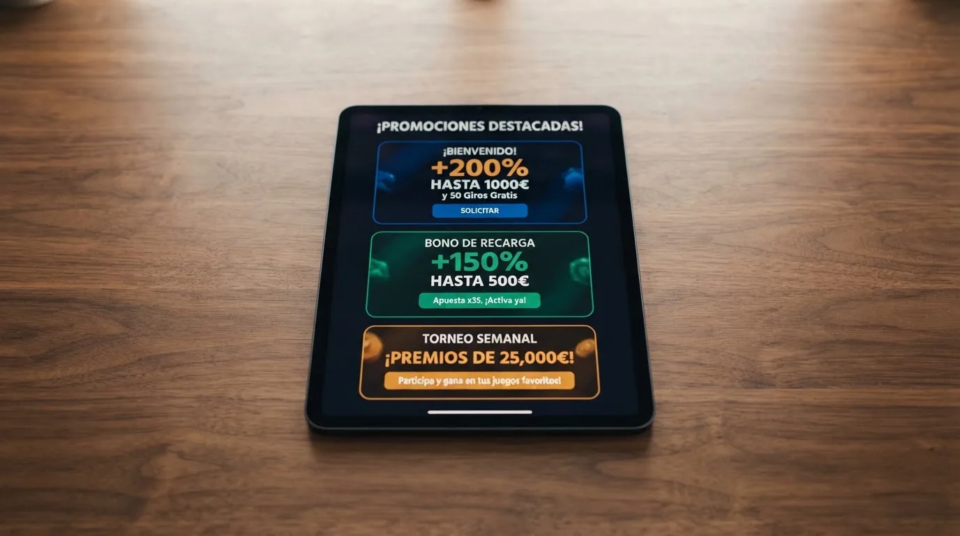 Interfaz de promociones de un casino con licencia DGOJ mostrando varias ofertas de bienvenida con sus condiciones