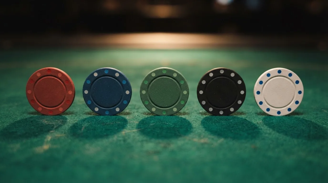 Varias fichas de casino alineadas sobre una mesa de fieltro verde, cada una con el logo de un operador DGOJ y una cifra de bono distinta
