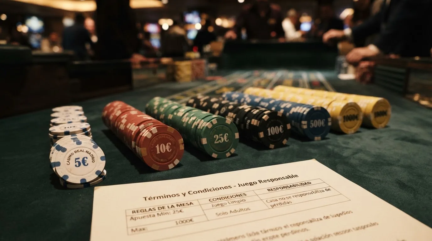 Varias fichas de casino alineadas con valores diferentes y un documento de términos y condiciones destacado en primer plano