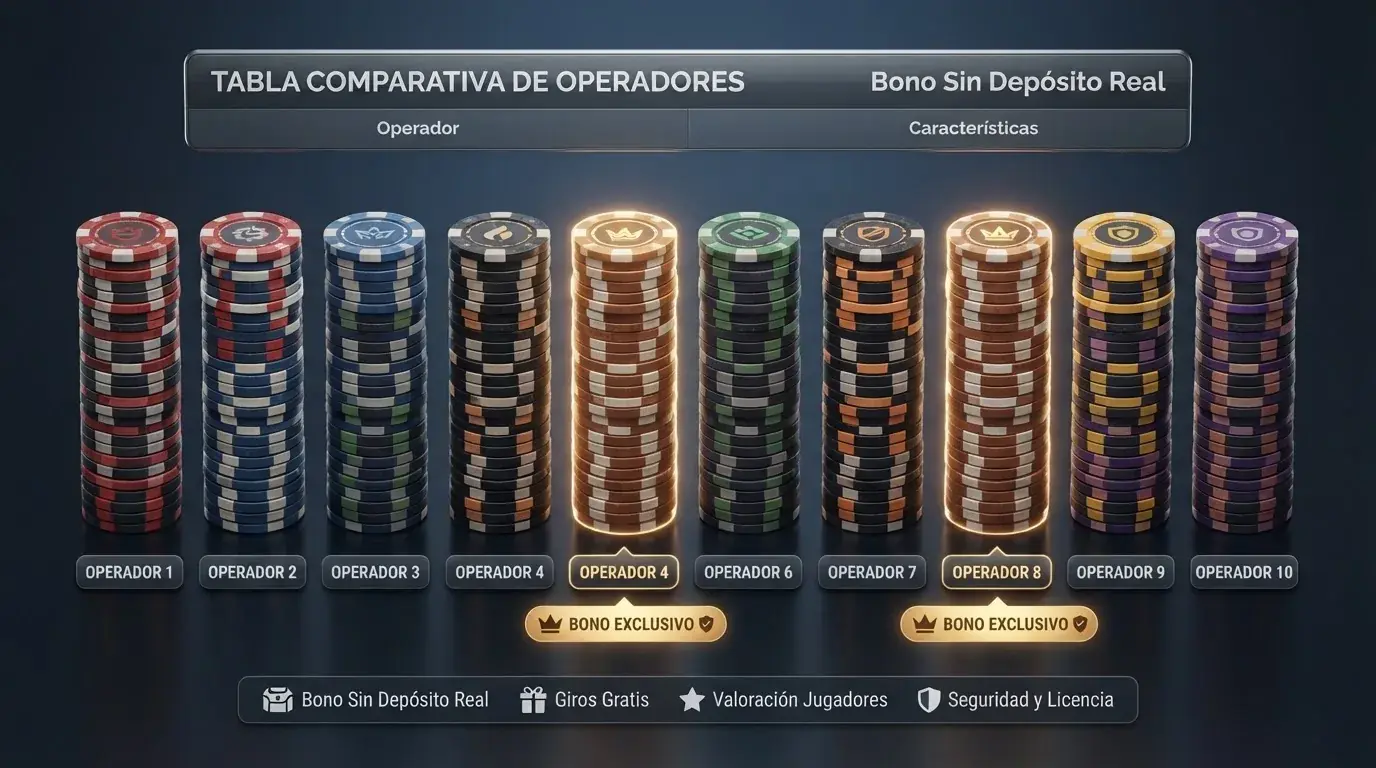 Tabla con los nombres, licencias y condiciones de los diez casinos comparados, destacando los que incluyen bono sin depósito