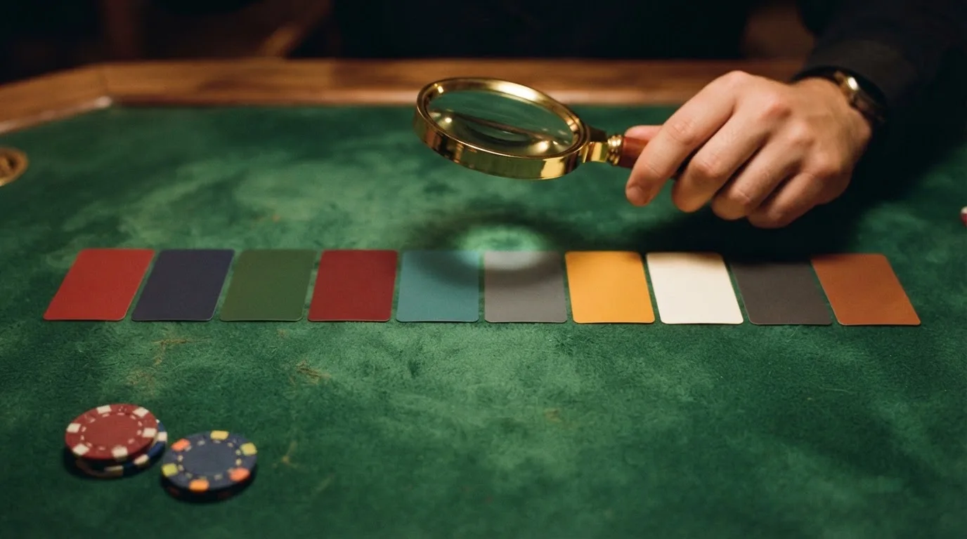 Diez tarjetas con los logotipos de los casinos analizados alineadas sobre una mesa de juego verde, con una lupa destacando el dominio .es