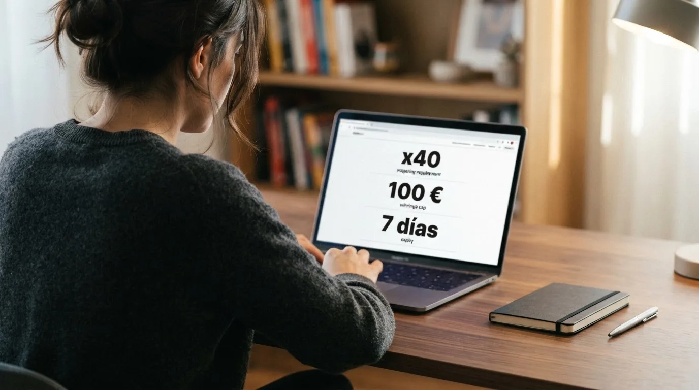 Un jugador consultando detenidamente las condiciones de una promoción de tiradas gratis en la pantalla de un ordenador portátil
