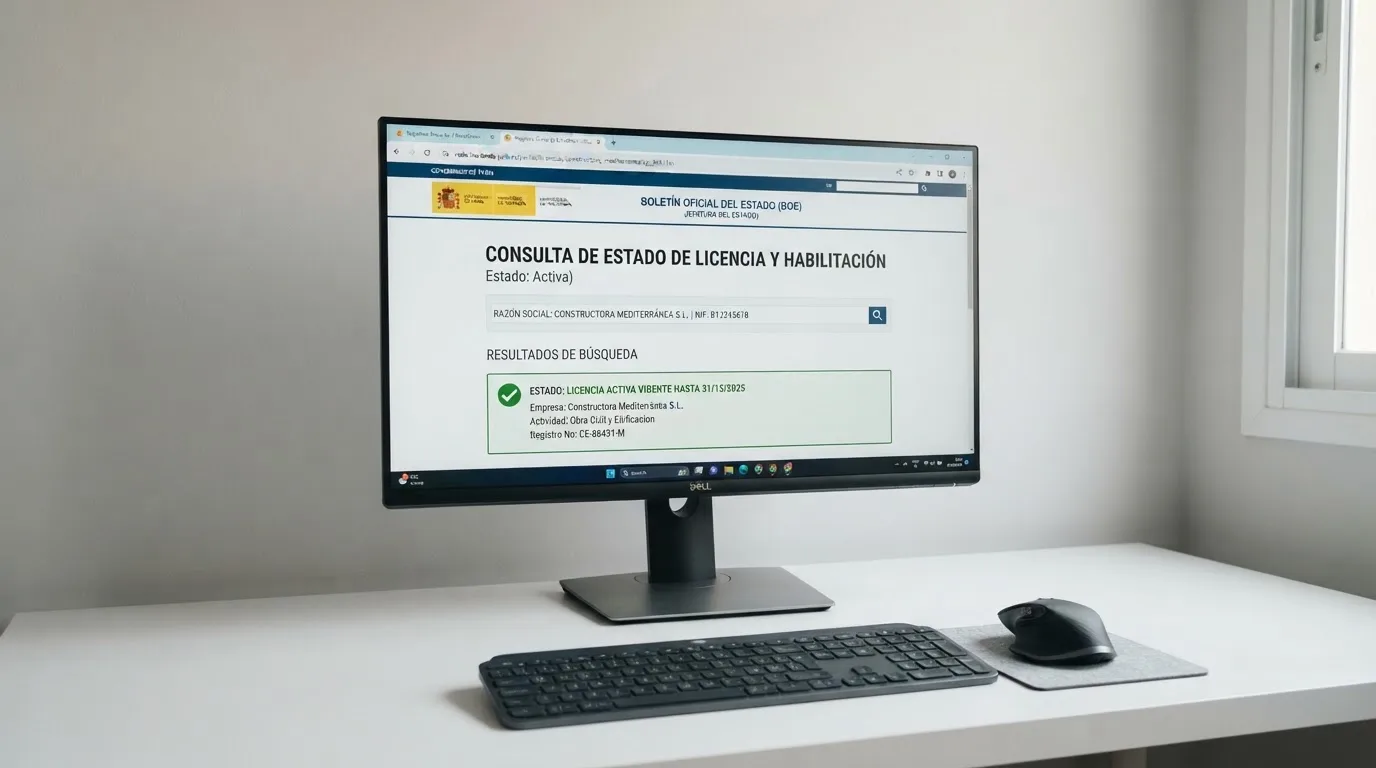 La pantalla de un ordenador mostrando el buscador de operadores de la DGOJ con el resultado de una licencia activa, junto al BOE abierto en otra pestaña