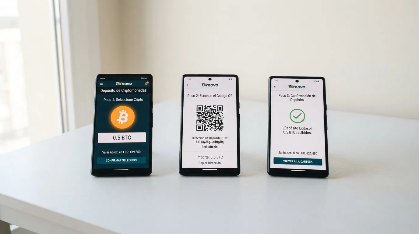 Tres pantallas de móvil mostrando el flujo de un depósito con Bitcoin: cartera externa, código QR del casino y pantalla de confirmación con el saldo disponible
