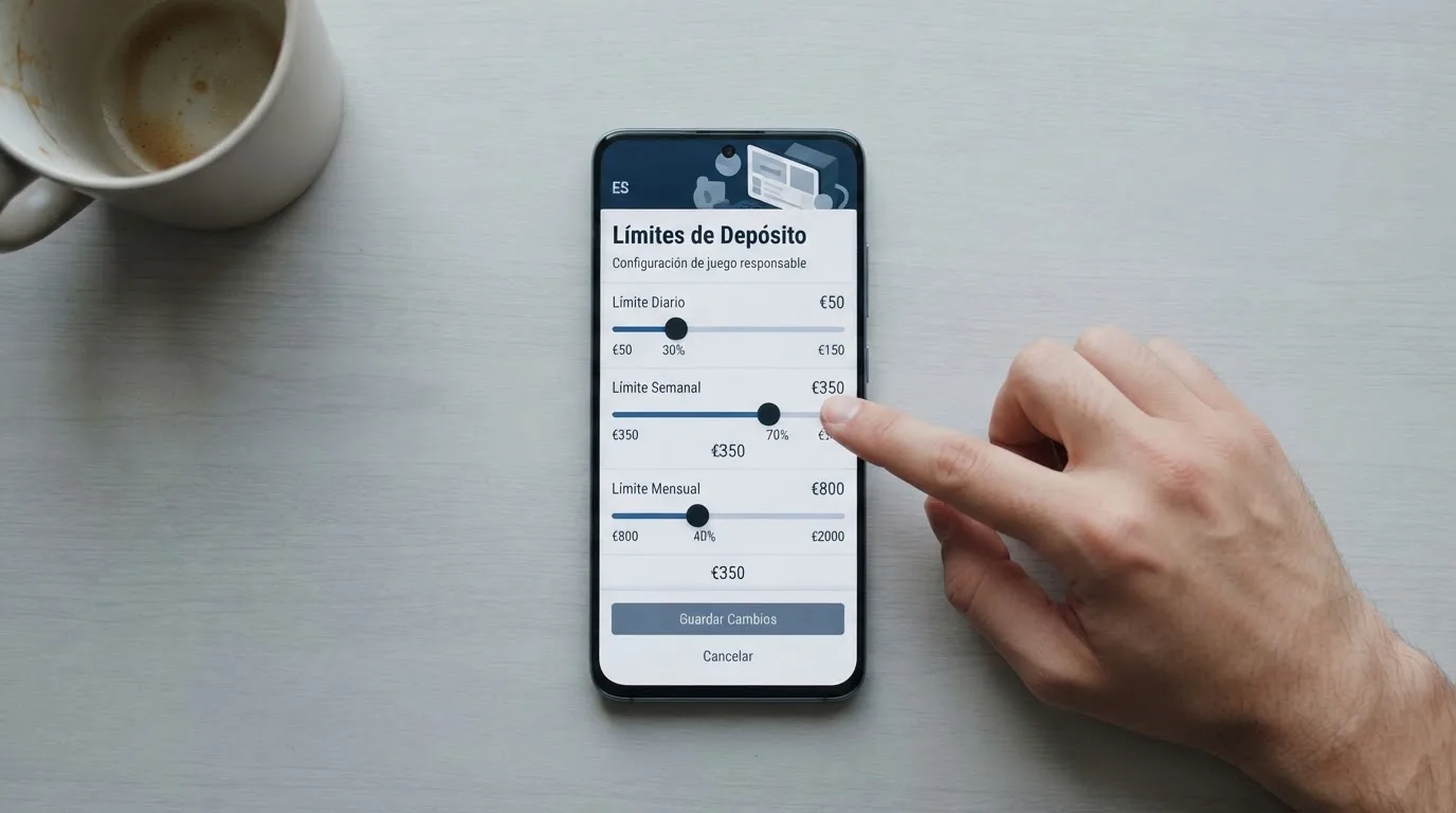 La pantalla de configuración de límites personales de un casino online español, con los controles deslizantes de depósito diario, semanal y mensual