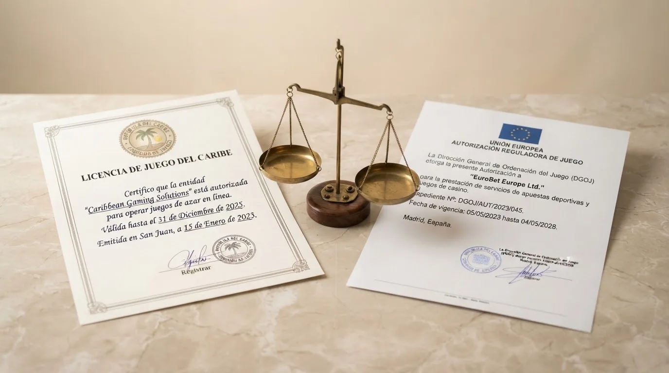 Dos documentos oficiales enfrentados: un certificado de licencia de juego de Curazao a la izquierda y un título habilitante de la DGOJ a la derecha, separados por una balanza