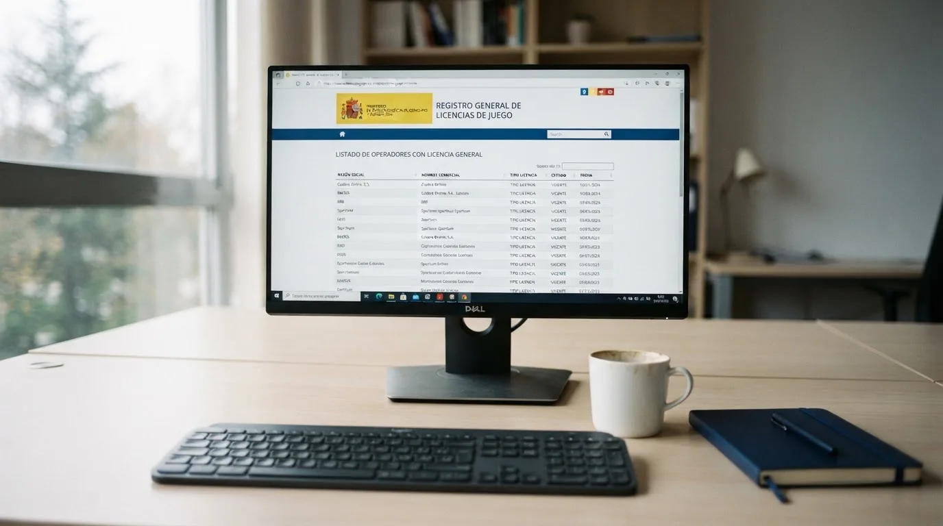 Sello de la DGOJ junto a la URL ordenacionjuego.es en la pantalla de un ordenador, con el dominio .es visible en segundo plano