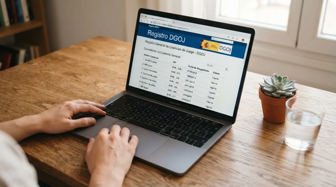 La interfaz del registro oficial de la DGOJ (ordenacionjuego.es) con el listado de operadores autorizados, destacando el dominio .es como marca de operador legal