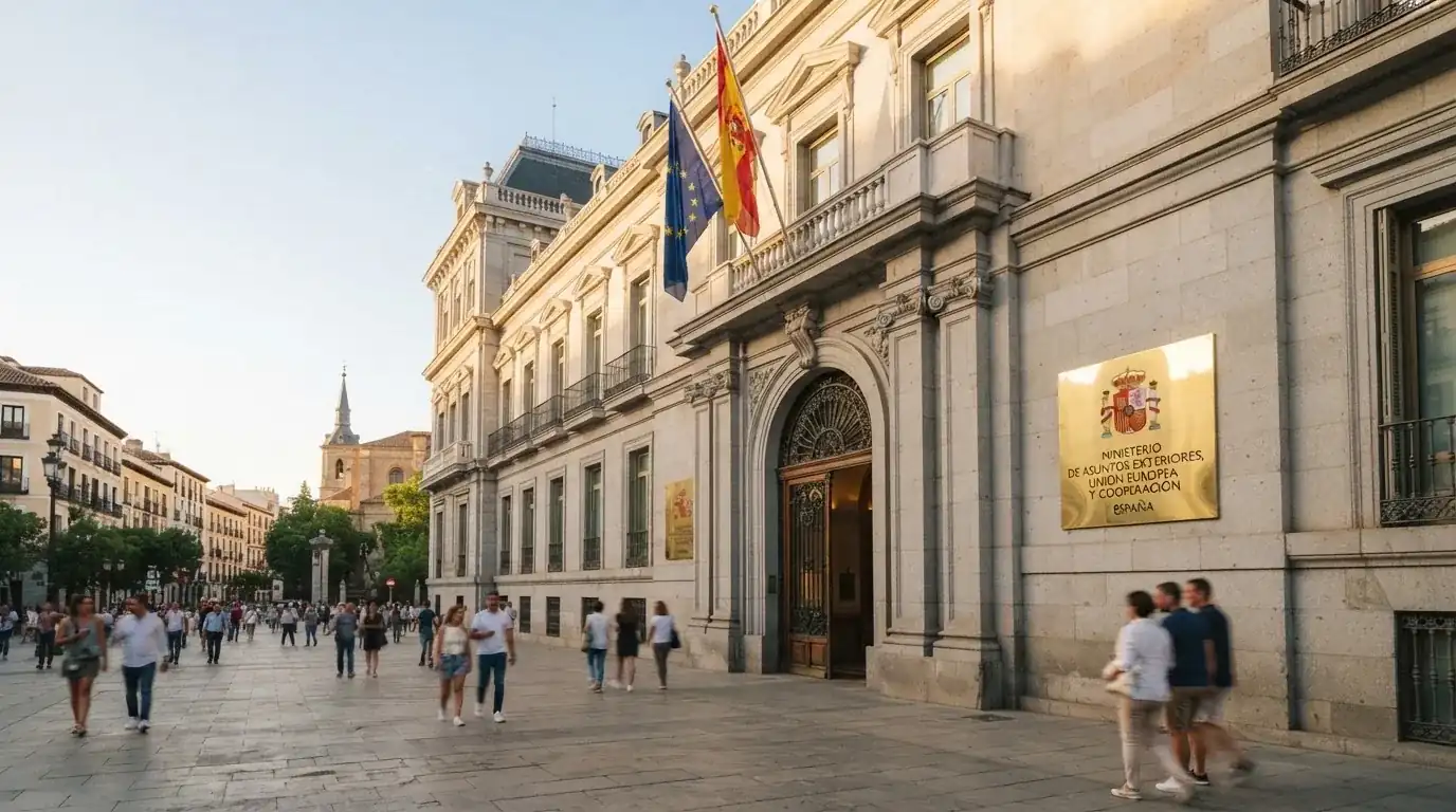 La fachada de un edificio institucional español con un sello oficial y la bandera de la Unión Europea visibles