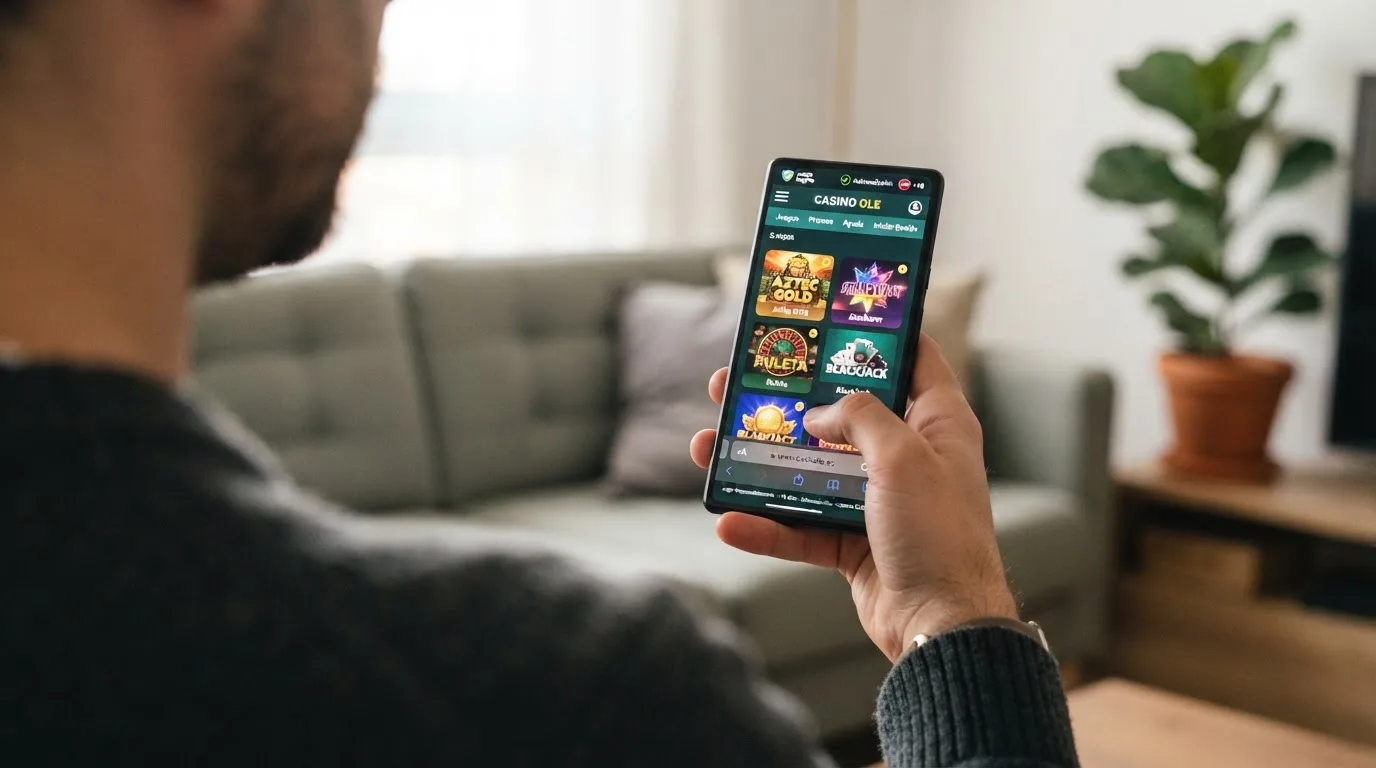 Primer plano de la pantalla de un móvil con la web de un casino donde se ve claramente el dominio .es en la barra de direcciones y el sello de la DGOJ en el pie de página