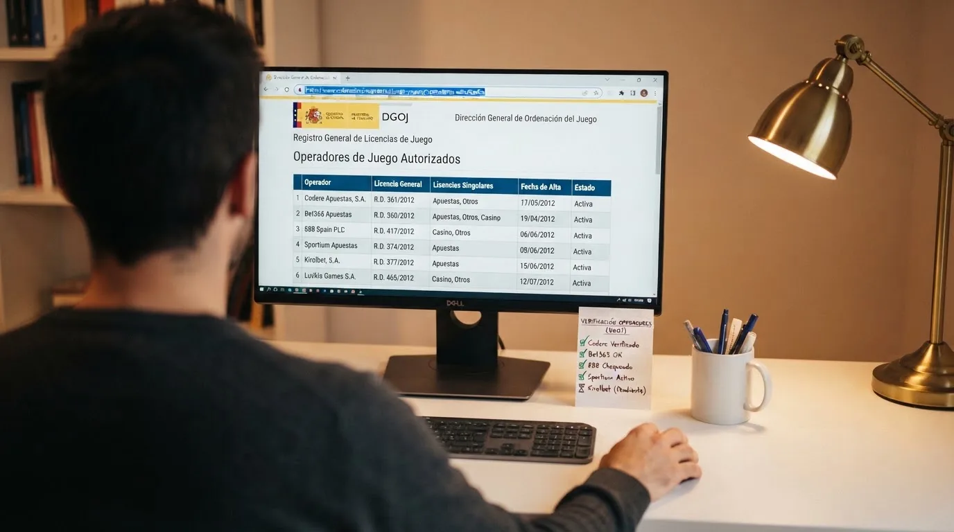 Pantalla de ordenador mostrando el registro oficial de operadores de la DGOJ en la web ordenacionjuego.es junto a una barra de direcciones del navegador con un dominio .es resaltado