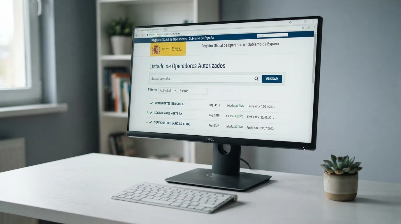 Pantalla de ordenador mostrando el sitio web de la DGOJ con el registro de operadores autorizados y el candado de seguridad