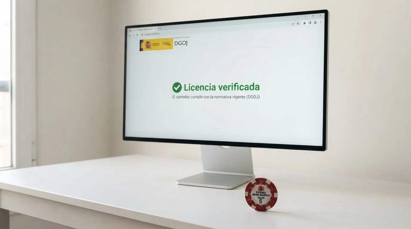 Pantalla del sitio web de la DGOJ (ordenacionjuego.es) con el listado de operadores autorizados, visible en un monitor junto a un DNI español