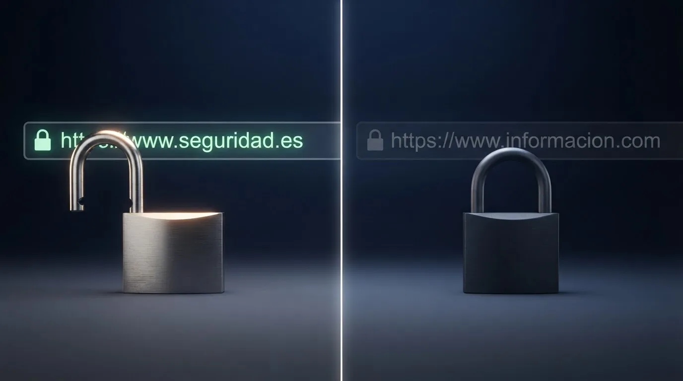 Pantalla dividida: a la izquierda, candado abierto con la URL de un operador con dominio .es; a la derecha, candado cerrado sobre un dominio sin .es