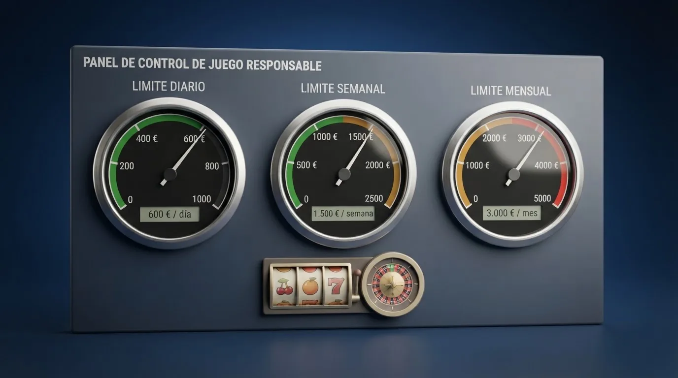 Panel de juego responsable con tres contadores (diario, semanal, mensual) mostrando los límites de 600€, 1.500€ y 3.000€ junto al logo de la DGOJ