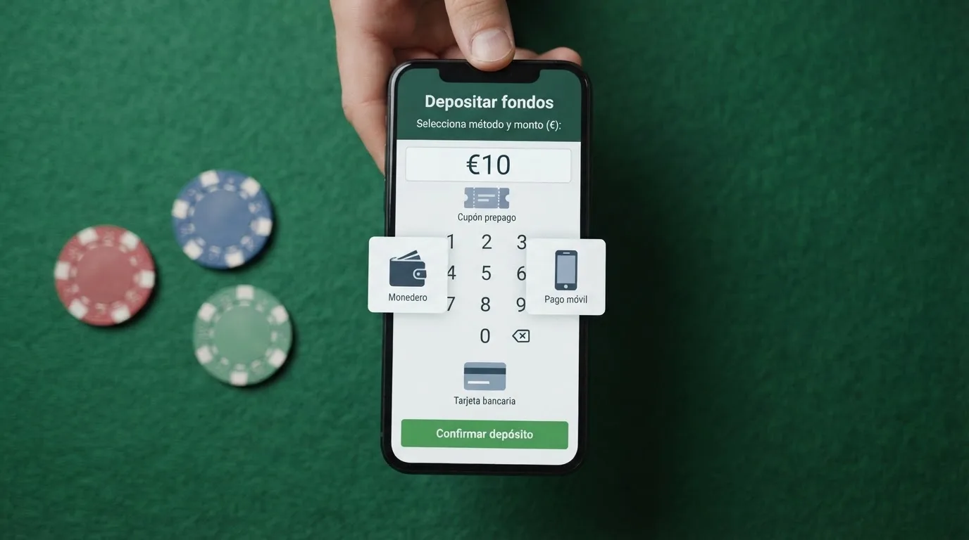 Mano sosteniendo un móvil con los iconos de Bizum, PayPal, Paysafecard y una tarjeta bancaria, sobre un fondo de casino