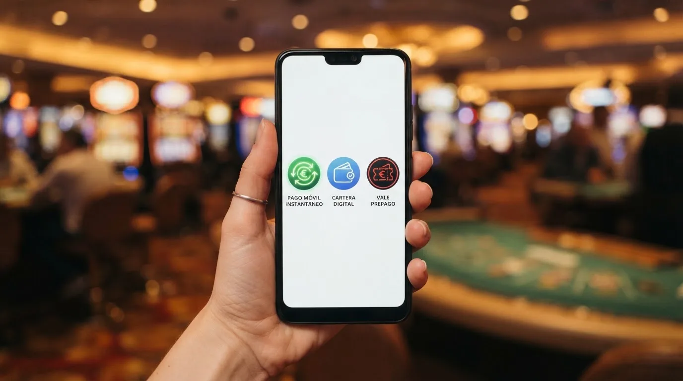 Mano sosteniendo un teléfono con la pantalla dividida entre los iconos de Bizum, PayPal y Paysafecard sobre un fondo de casino online