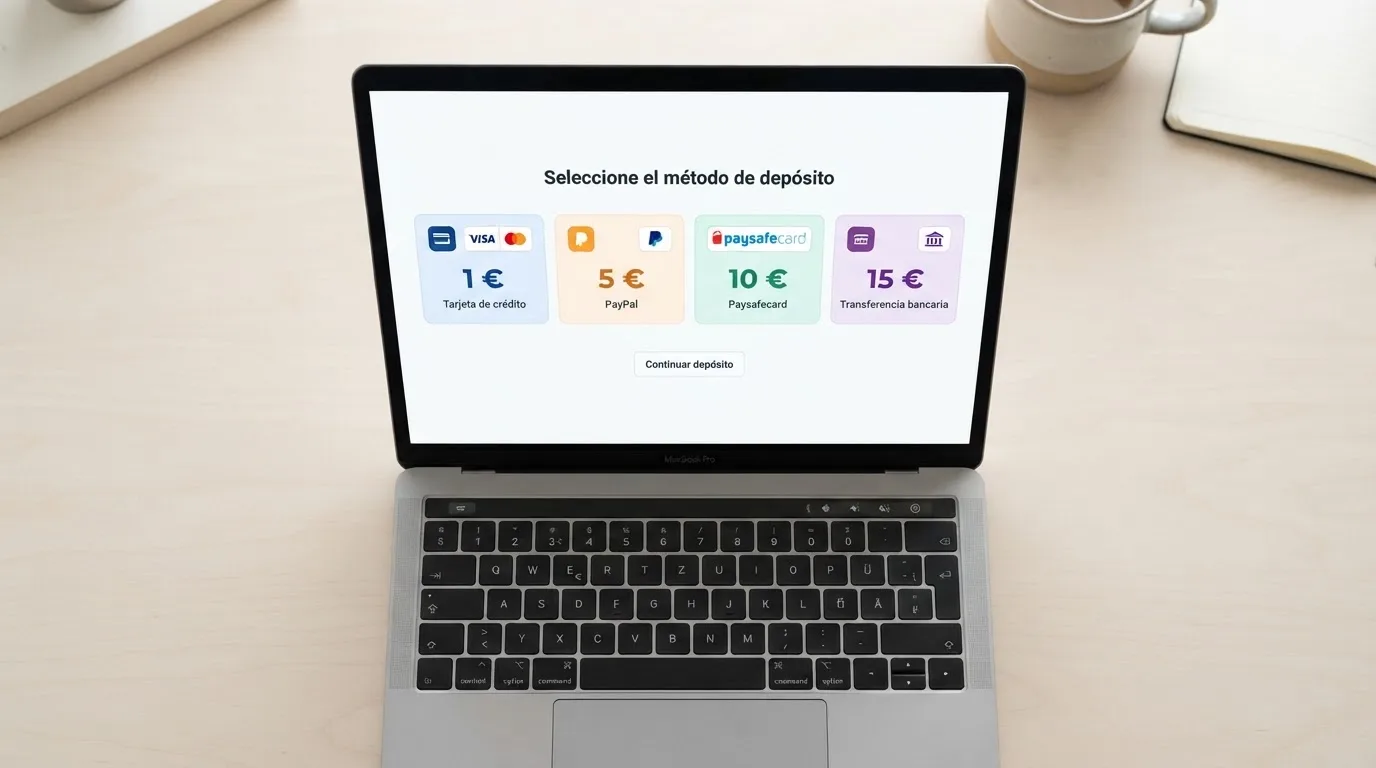 Los iconos de Bizum, PayPal, Visa, Paysafecard y transferencia bancaria alineados como opciones de depósito, cada uno con una etiqueta de importe mínimo distinto bajo el mismo logotipo de casino