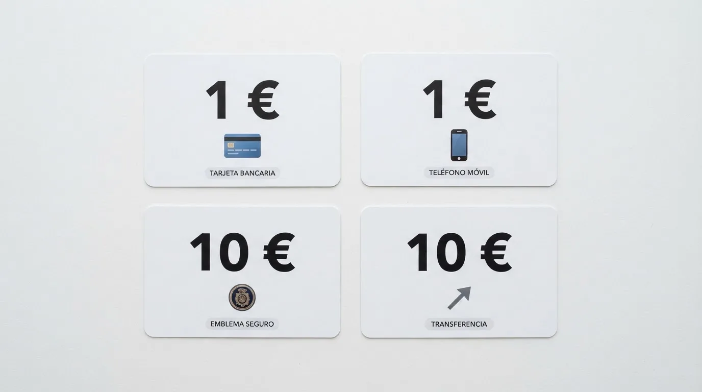Comparativa visual de los métodos de pago aceptados en casinos DGOJ — Bizum, tarjeta bancaria, PayPal y transferencia — con el importe mínimo de cada uno resaltado junto al logo del método