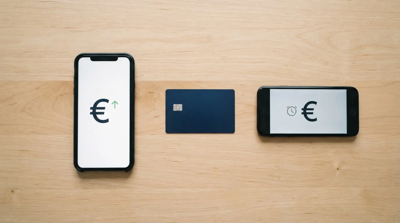 Comparativa visual de dispositivos de pago sobre una mesa: un móvil con la app de Trustly, una tarjeta bancaria, un monedero electrónico y un billete de Bizum