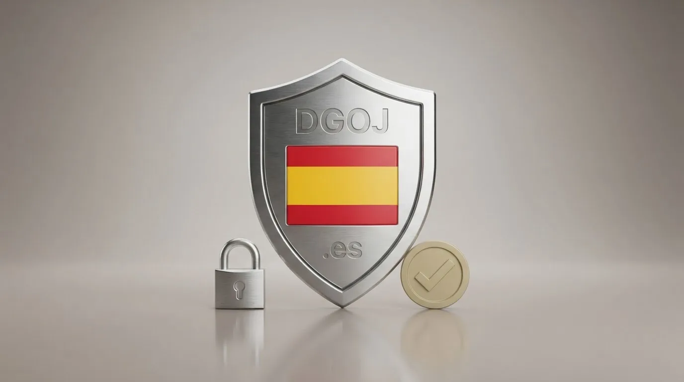 Candado o escudo con la bandera de España y el texto DGOJ sobre el dominio .es, junto a iconos de verificación de identidad y límites de depósito