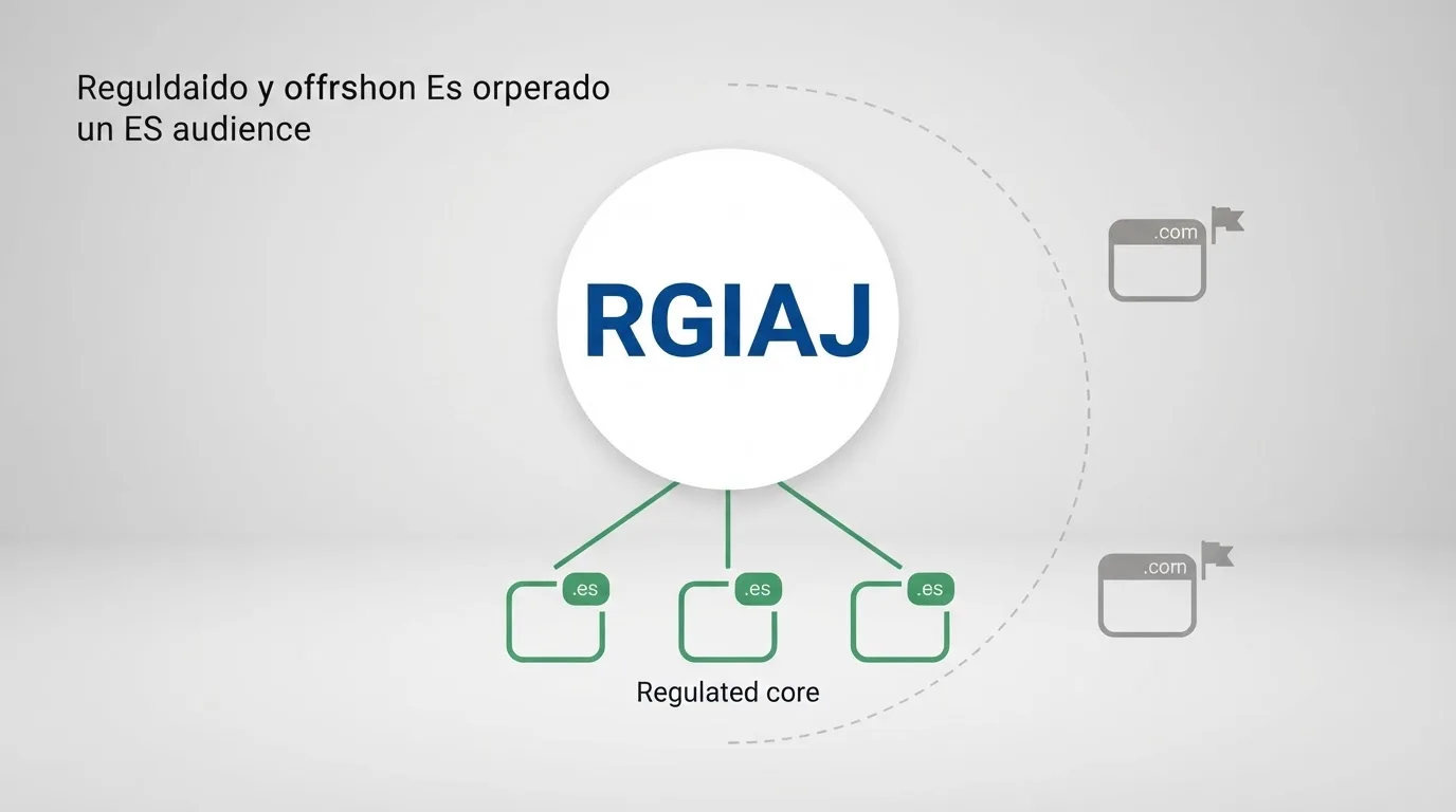 Mapa conceptual con el RGIAJ en el centro: los operadores con licencia DGOJ conectados al registro mediante una línea verde, y los operadores offshore (Curaçao, Anjouan, Malta sin acuerdo) fuera del perímetro, sin conexión al RGIAJ