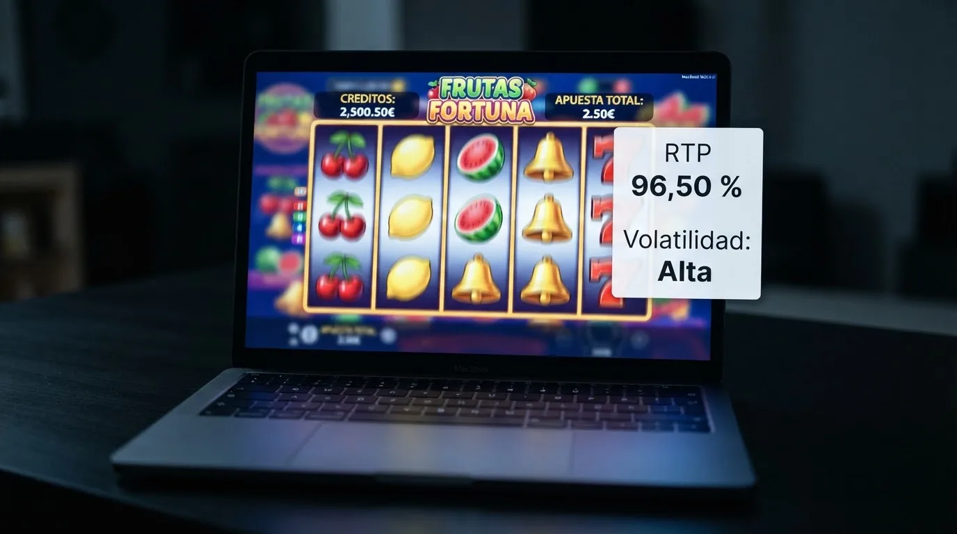 Interfaz de una tragaperras online con la ficha técnica abierta mostrando el porcentaje de RTP junto a los rodillos en juego