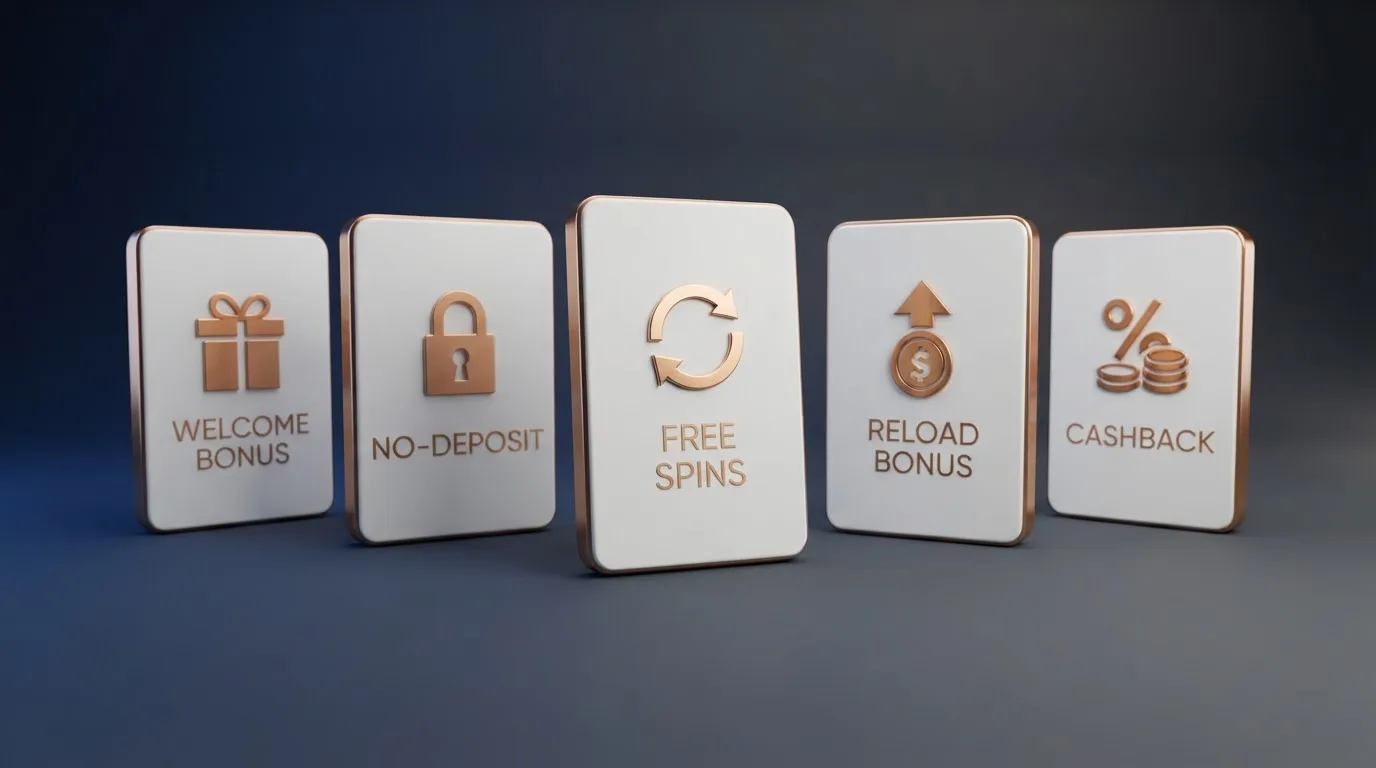 Cinco tarjetas con los tipos de promociones: bienvenida, sin depósito, giros gratis, recarga y cashback