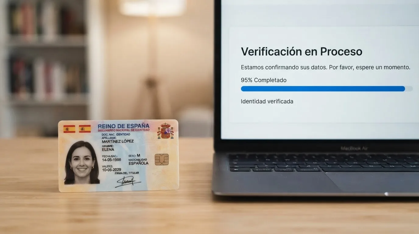 Un primer plano de un DNI español junto a la pantalla de un ordenador que muestra el proceso de verificación de cuenta en un casino online regulado